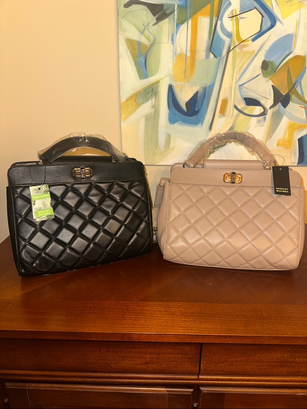 Quilted Top-Handle/crossbody Women’s Bag in Black and Taupe (2 bags for price)